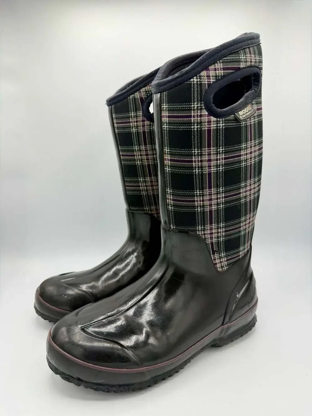 BOGS Classic Winter Plaid Tall Waterproof Boots Womens 8 Black Purple 71536